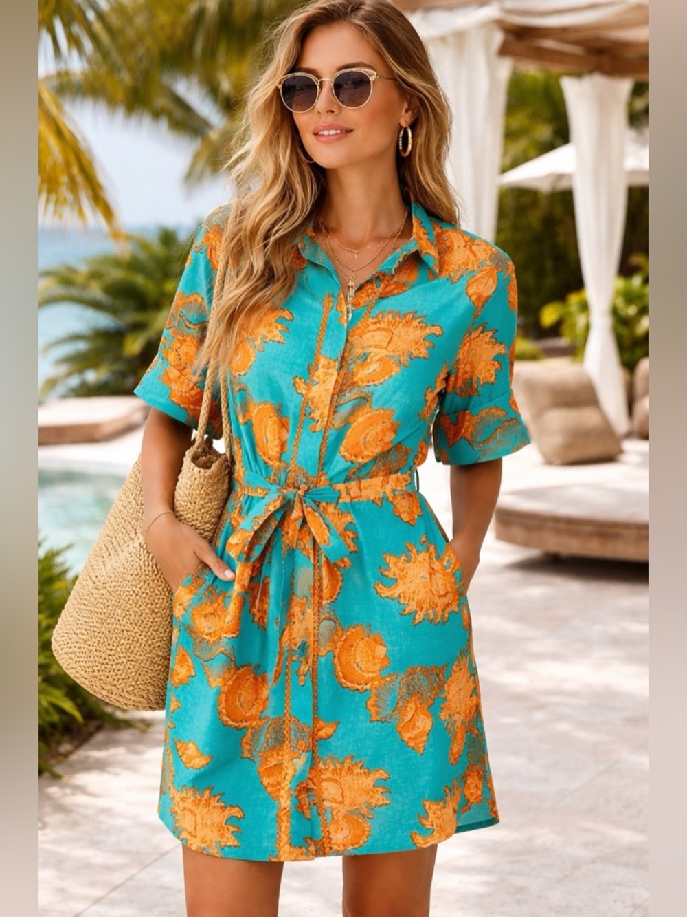 ModaPosa Carlotta Shell Print Turquoise & Orange Dress | Resort Luxe NWT